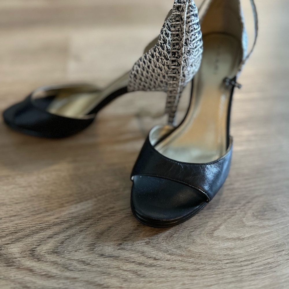 Tahari Black and White Heels with Intricate Silver Heel Design